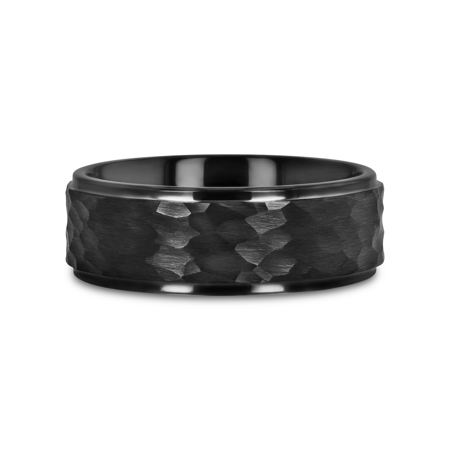 REBEL Raised Hammer Finish Step Edge Black Tungsten Carbide Wedding Band with Brushed Finish - 6mm or 8mm