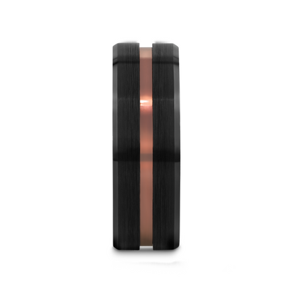 NEVAN Flat Brushed Black Tungsten Men's Wedding Band With Espresso Groove Center - 8mm