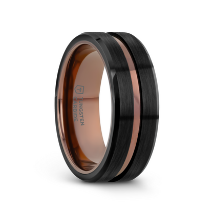 NEVAN Flat Brushed Black Tungsten Men's Wedding Band With Espresso Groove Center - 8mm