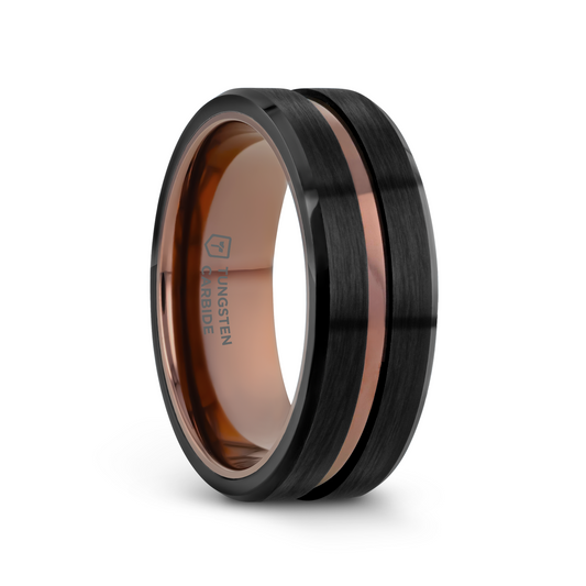 NEVAN Flat Brushed Black Tungsten Men's Wedding Band With Espresso Groove Center - 8mm
