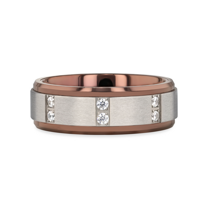 BEOWULF Raised Center Brushed Finish Tungsten Carbide Wedding Band with Channel Set Diamonds - 8mm