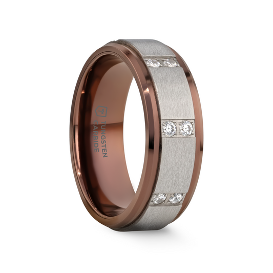 BEOWULF Raised Center Brushed Finish Tungsten Carbide Wedding Band with Channel Set Diamonds - 8mm