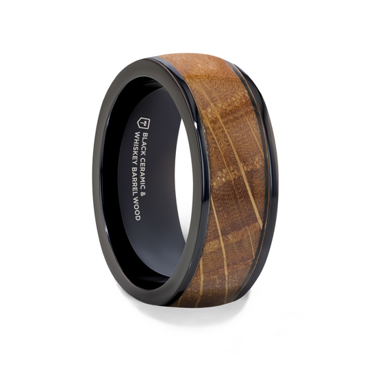 SCOTCH Black Ceramic Ring with Whiskey Barrel Wood Inlay- 8mm