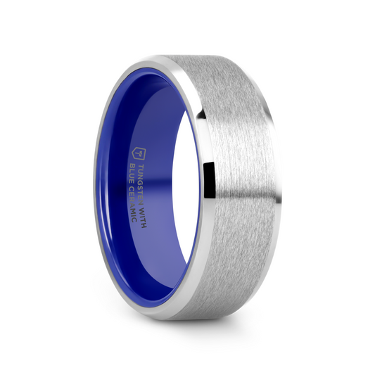 SIRIUS Flat Beveled-Edged Tungsten Ring with Brushed Center and Vibrant Blue Ceramic Inside - 8mm