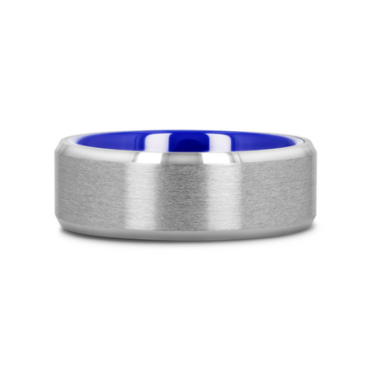 SIRIUS Flat Beveled-Edged Tungsten Ring with Brushed Center and Vibrant Blue Ceramic Inside - 8mm