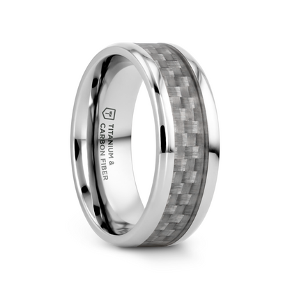 TANTALUS Beveled Edge Titanium Ring with White Carbon Fiber Inlay - 8mm
