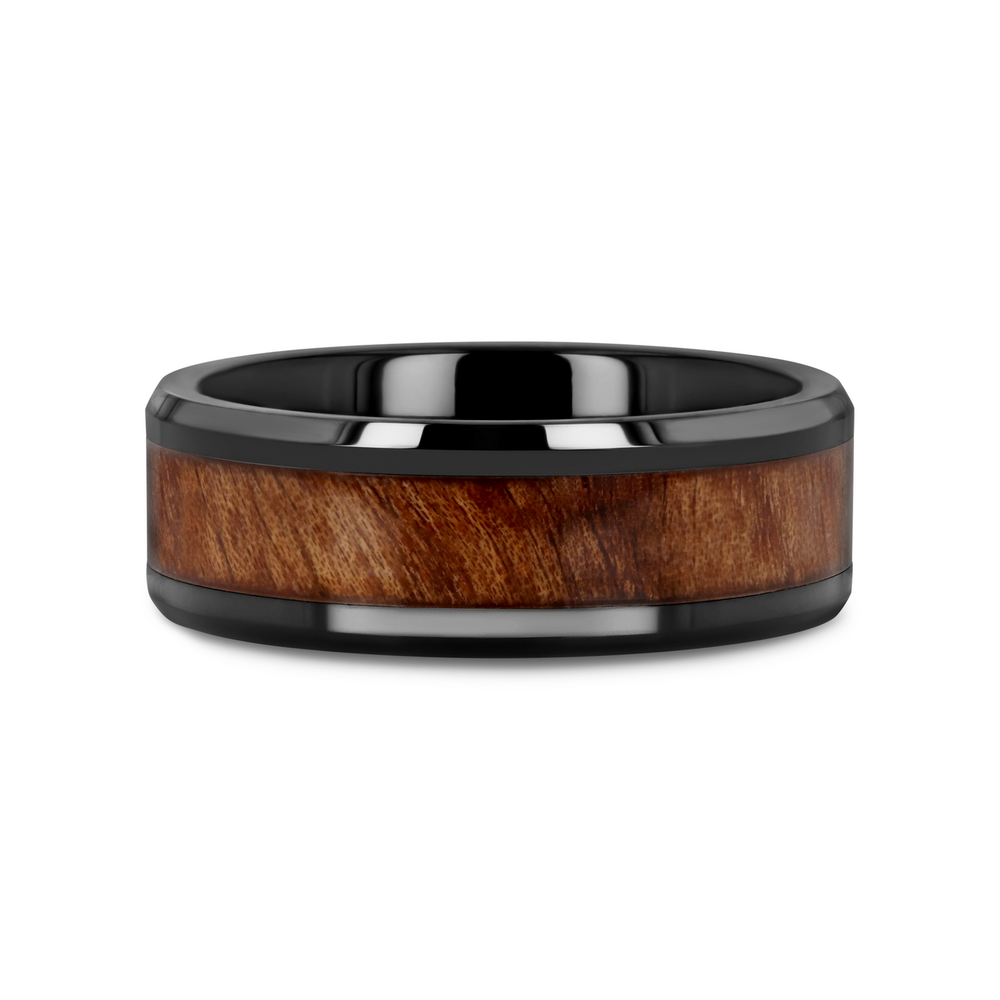 THRACIAN Carpathian Wood Inlaid Black Ceramic Ring with Bevels - 6mm & 8mm