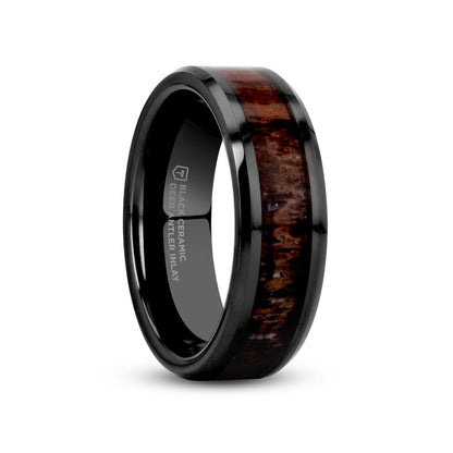 TINE Black Ceramic Polished Beveled Men's Wedding Band with Dark Brown Antler Inlay - 6mm & 8mm