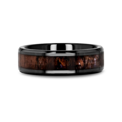TINE Black Ceramic Polished Beveled Men's Wedding Band with Dark Brown Antler Inlay - 6mm & 8mm