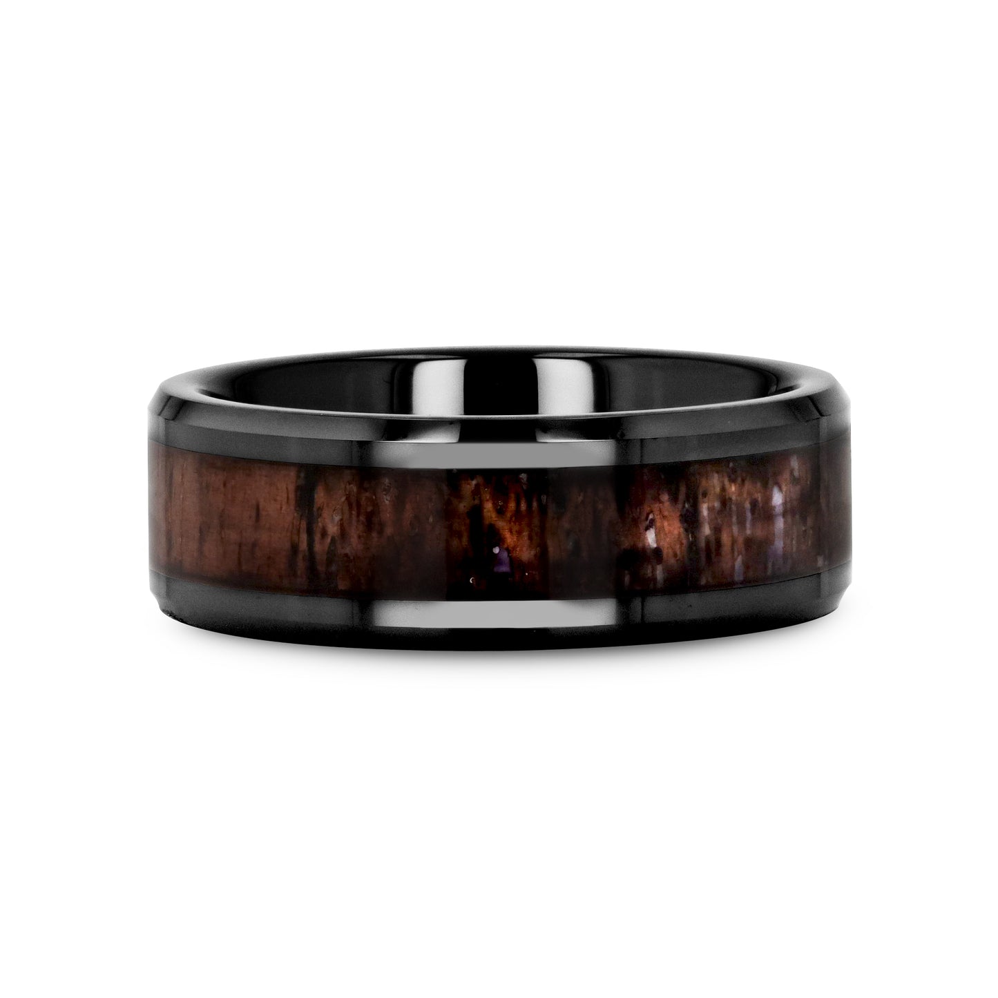 TINE Black Ceramic Polished Beveled Men's Wedding Band with Dark Brown Antler Inlay - 6mm & 8mm
