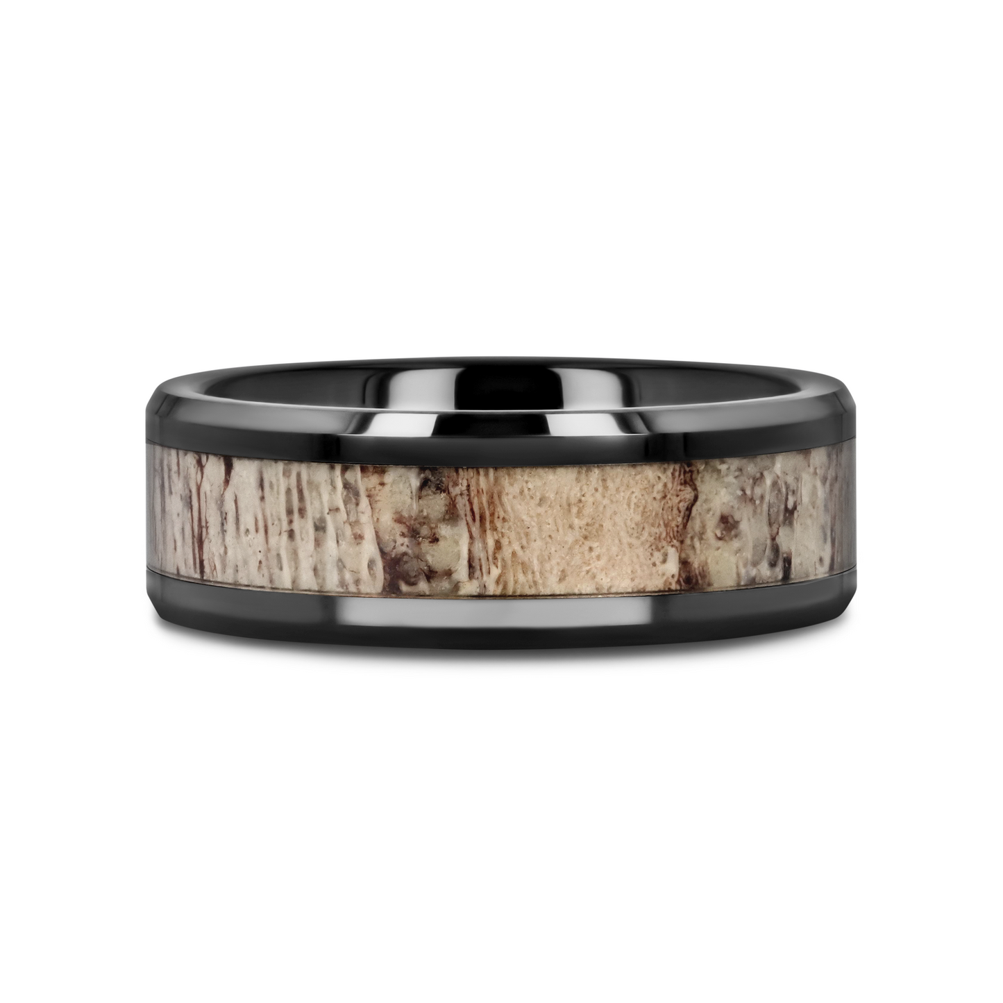 TRES Beveled Black Ceramic Polished Men's Wedding Band with Ombre Antler Inlay - 8mm
