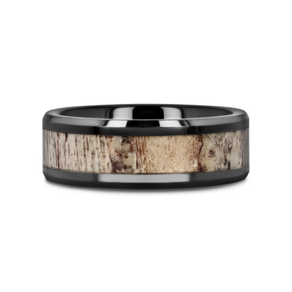 TRES Beveled Black Ceramic Polished Men's Wedding Band with Ombre Antler Inlay - 8mm
