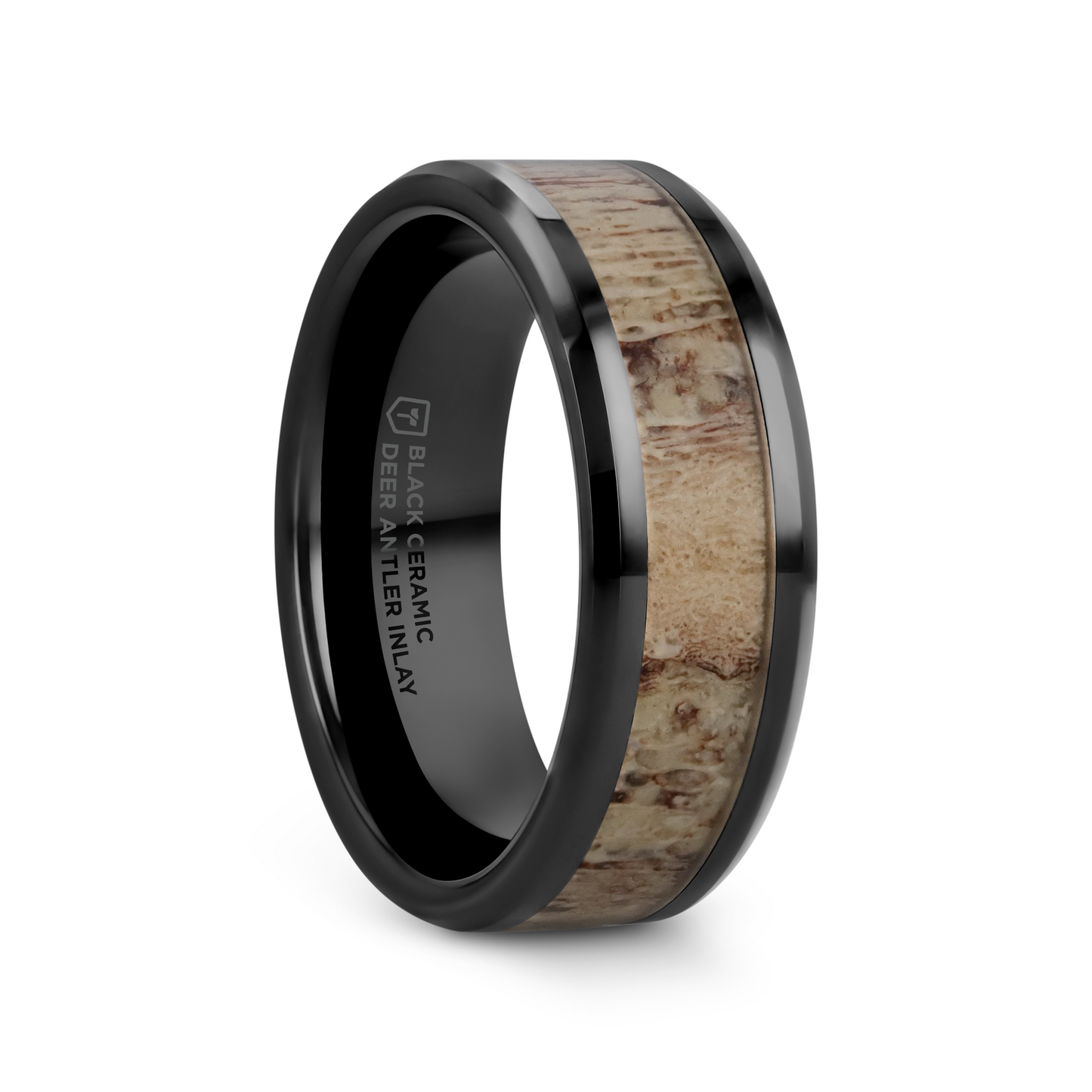 TRES Beveled Black Ceramic Polished Men's Wedding Band with Ombre Antler Inlay - 8mm