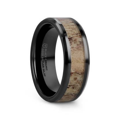 TRES Beveled Black Ceramic Polished Men's Wedding Band with Ombre Antler Inlay - 8mm