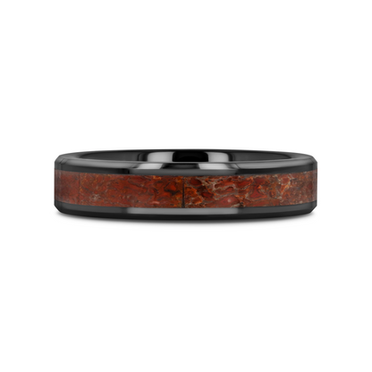 TRIASSIC Red Dinosaur Bone Inlaid Black Ceramic Beveled Edged Ring - 4mm
