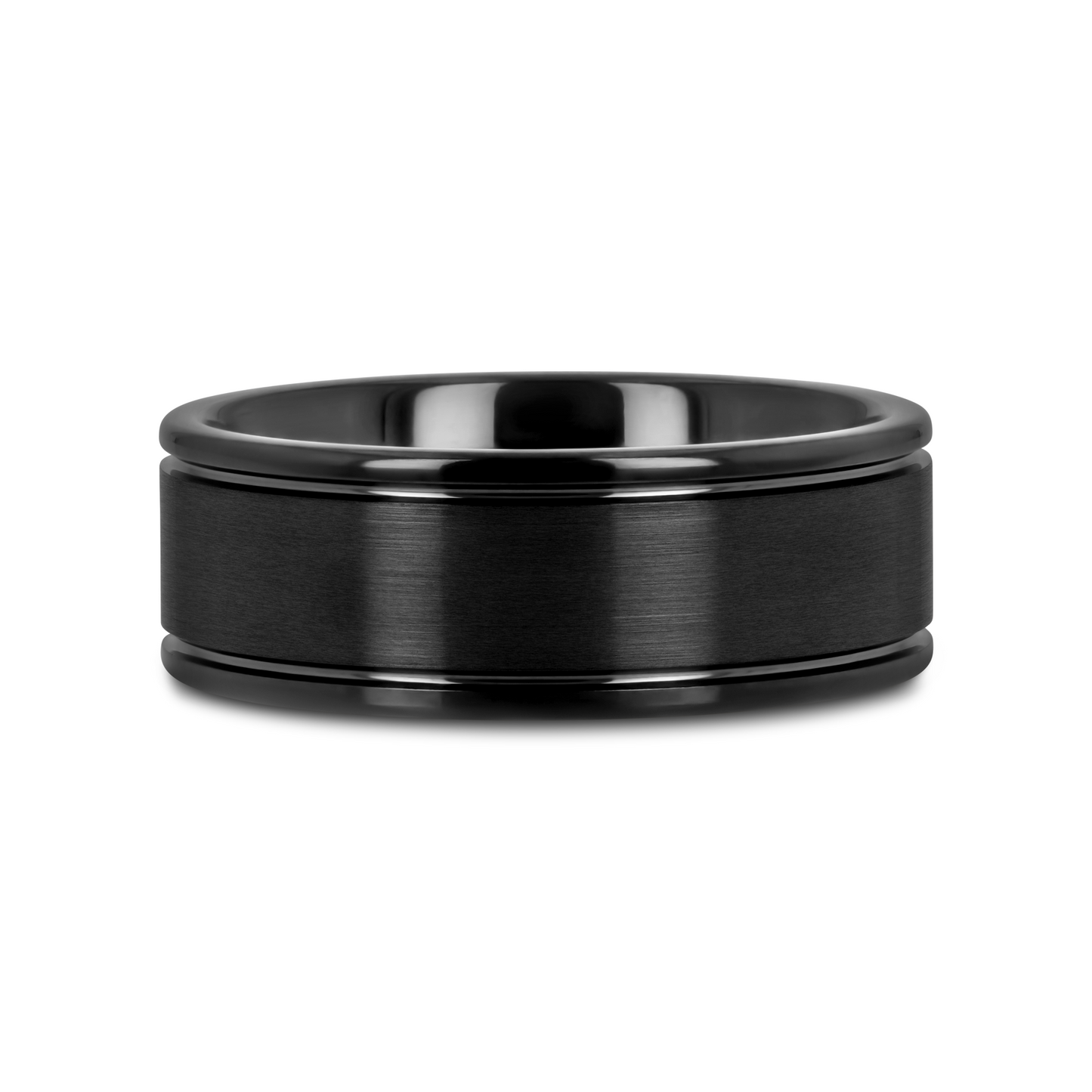 TURNER Flat Brushed Finish Center Black Tungsten Carbide Wedding Band with Dual Offset Grooves and Polished Edges - 6mm & 8mm