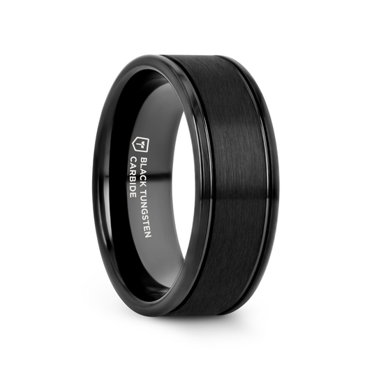 TURNER Flat Brushed Finish Center Black Tungsten Carbide Wedding Band with Dual Offset Grooves and Polished Edges - 6mm & 8mm