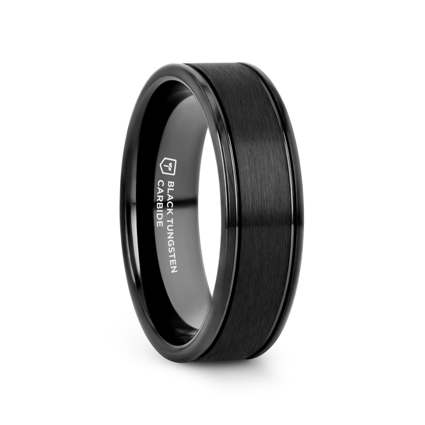 TURNER Flat Brushed Finish Center Black Tungsten Carbide Wedding Band with Dual Offset Grooves and Polished Edges - 6mm & 8mm