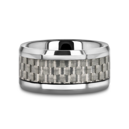 ULTIMUS Tungsten Carbide Ring with Beveled White Carbon Fiber Inlay - 8mm - 12mm