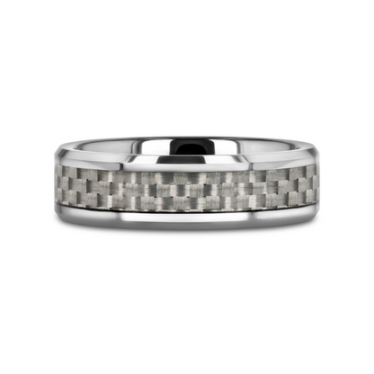 ULTIMUS Tungsten Carbide Ring with Beveled White Carbon Fiber Inlay - 4mm - 6mm