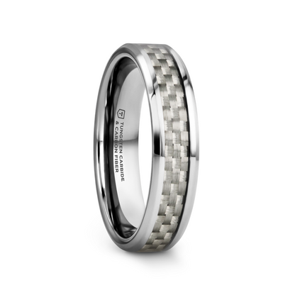 ULTIMUS Tungsten Carbide Ring with Beveled White Carbon Fiber Inlay - 4mm - 6mm