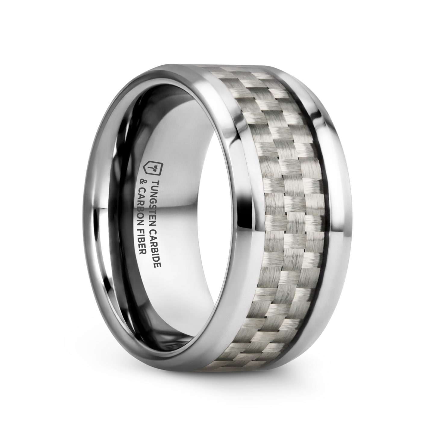 ULTIMUS Tungsten Carbide Ring with Beveled White Carbon Fiber Inlay - 8mm - 12mm