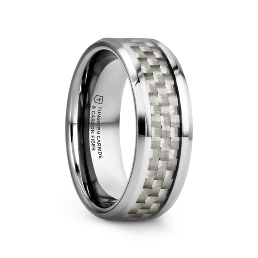 ULTIMUS Tungsten Carbide Ring with Beveled White Carbon Fiber Inlay - 8mm - 12mm