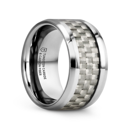 ULTIMUS Tungsten Carbide Ring with Beveled White Carbon Fiber Inlay - 8mm - 12mm