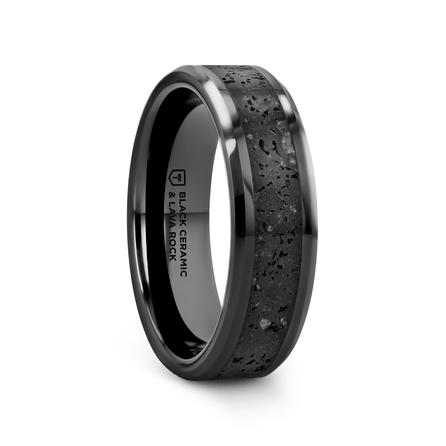 VESUVIUS Men’s Polished Black Ceramic Wedding Band with Black & Gray Lava Rock Stone Inlay & Polished Beveled Edges - 6mm & 8mm