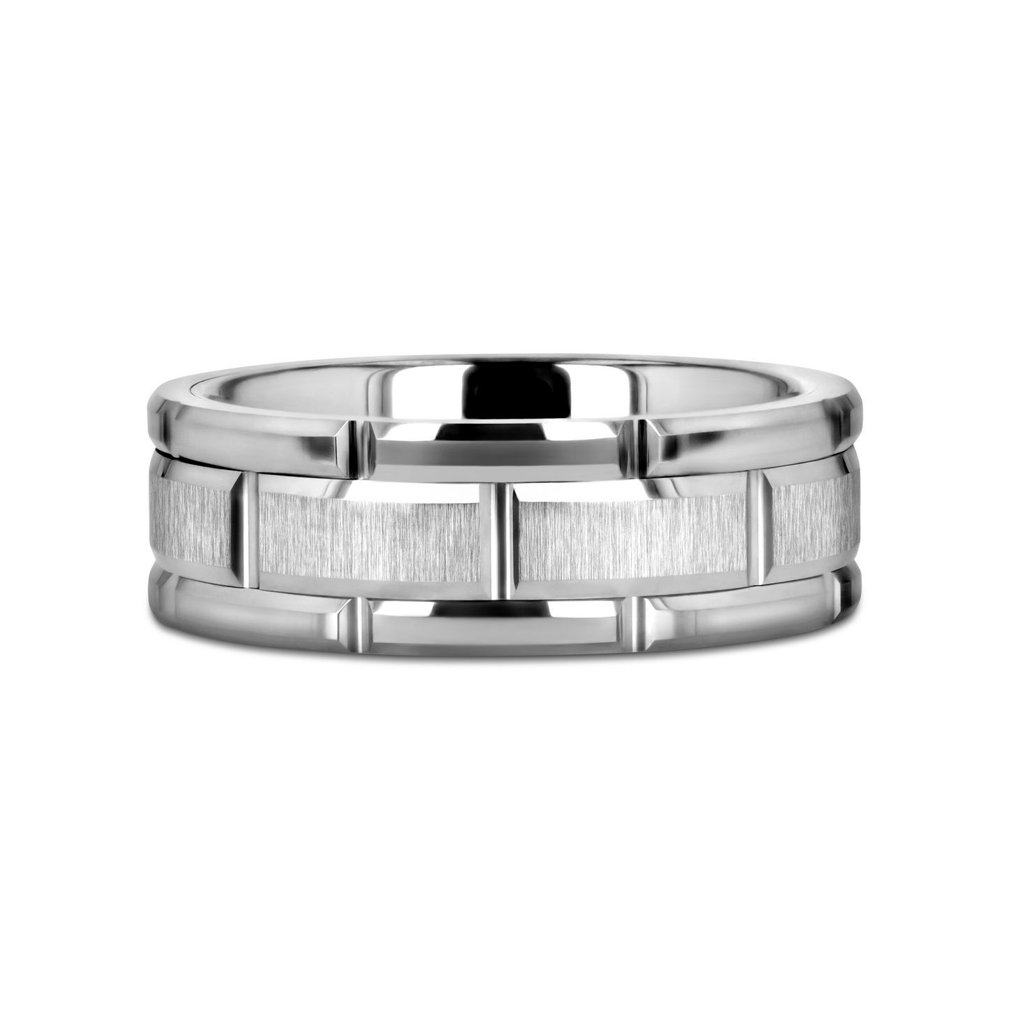 WARWICK Beveled Tungsten Carbide Wedding Band with Brush Finished Center and Alternating Grooves - 8mm