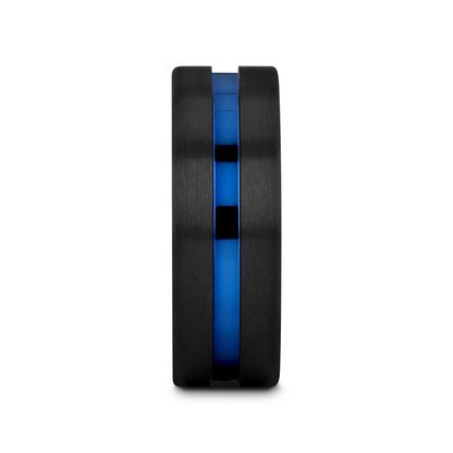 WESTLEY Flat Brushed Finish Black Ceramic Men’s Wedding Ring with Blue Grooved Center - 8mm