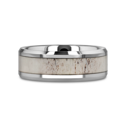 WHITETAIL Polished Beveled Tungsten Carbide Men's Wedding Band with Off-White Deer Antler Inlay - 8mm