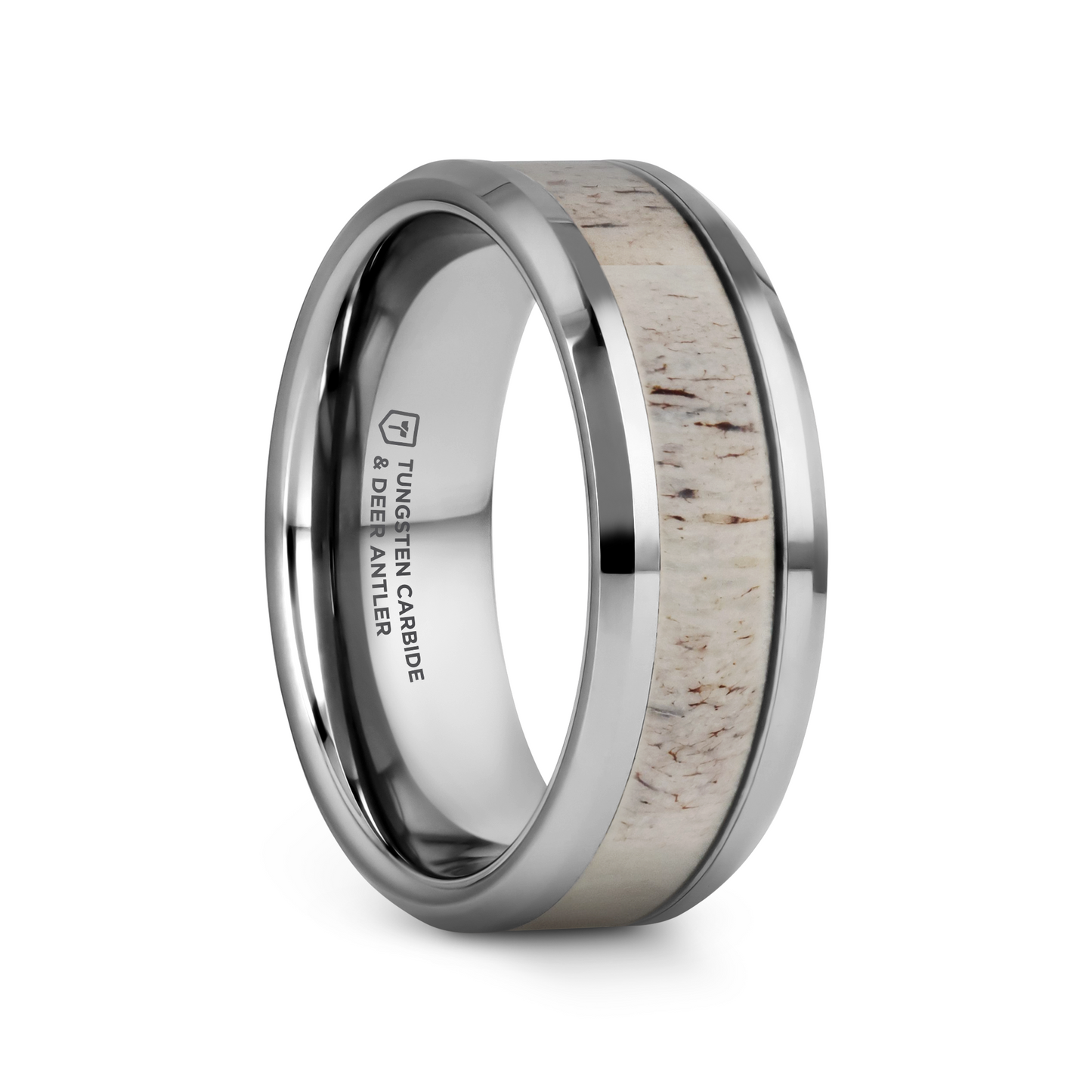 WHITETAIL Polished Beveled Tungsten Carbide Men's Wedding Band with Off-White Deer Antler Inlay - 8mm