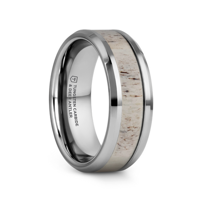 WHITETAIL Polished Beveled Tungsten Carbide Men's Wedding Band with Off-White Deer Antler Inlay - 8mm