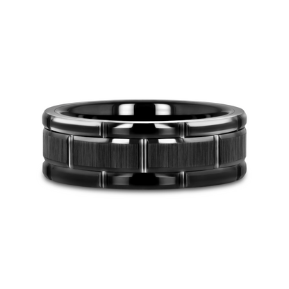 WINDSOR Beveled Black Tungsten Carbide Wedding Band with Brush Finished Center and Alternating Grooves - 8mm & 10mm