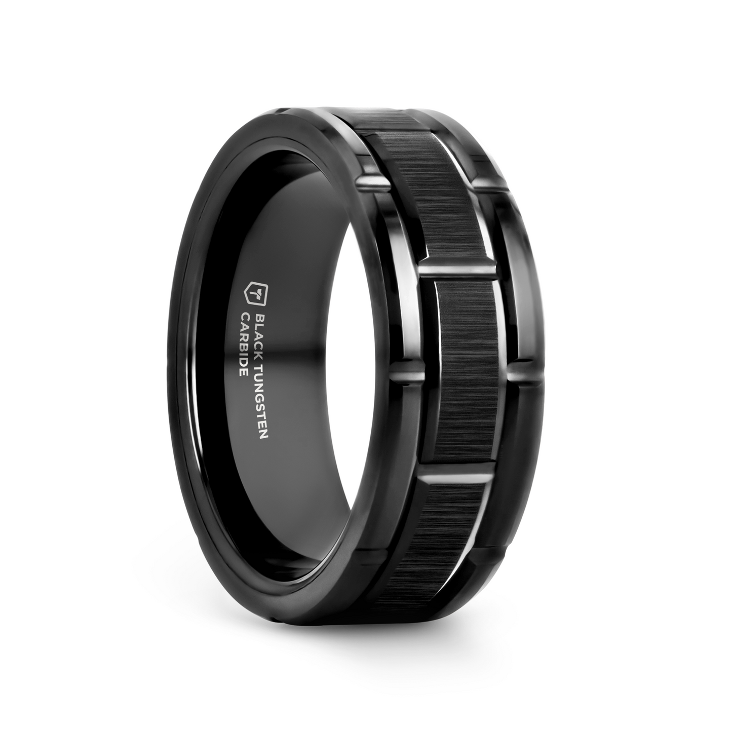 WINDSOR Beveled Black Tungsten Carbide Wedding Band with Brush Finished Center and Alternating Grooves - 8mm & 10mm