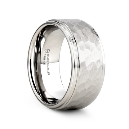 WINSTON White Tungsten Ring with Raised Hammered Finish and Polished Step Edges - 4mm - 10mm