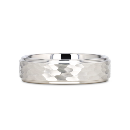 WINSTON White Tungsten Ring with Raised Hammered Finish and Polished Step Edges - 4mm - 10mm
