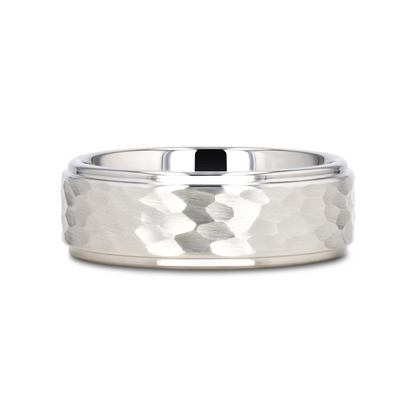 WINSTON White Tungsten Ring with Raised Hammered Finish and Polished Step Edges - 4mm - 10mm
