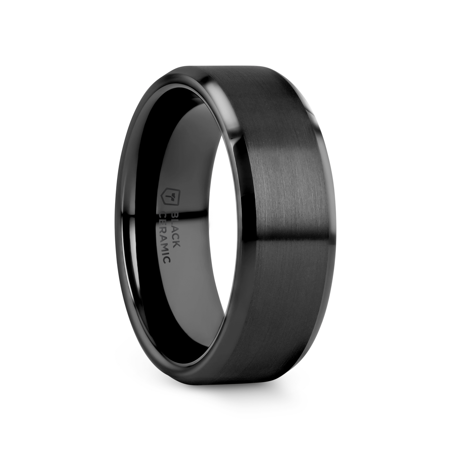 YORKSHIRE Brushed Finish Black Ceramic Wedding Band with Beveled Edges 6mm or 8mm