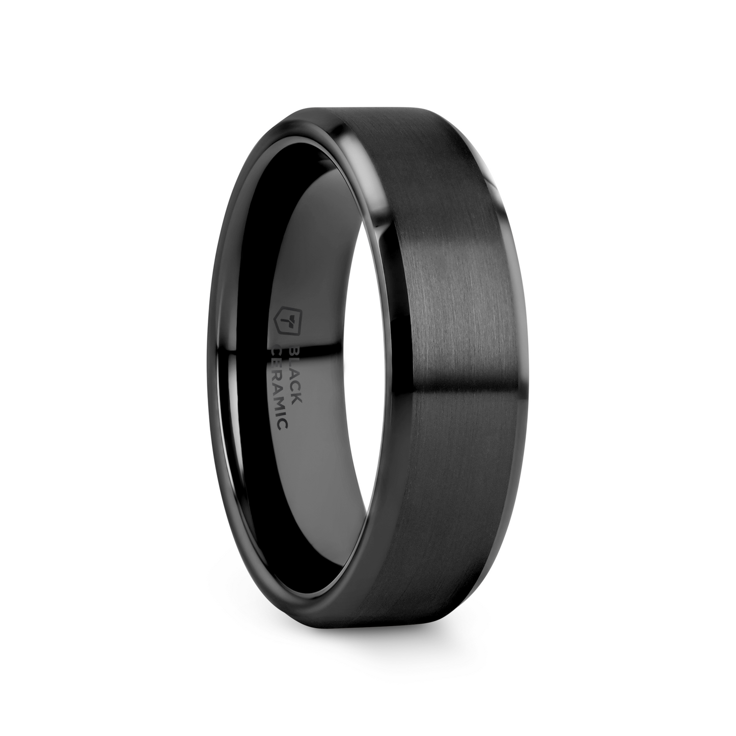 YORKSHIRE Brushed Finish Black Ceramic Wedding Band with Beveled Edges 6mm or 8mm
