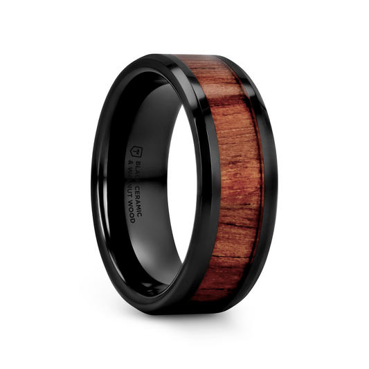 YUKON Beveled Black Ceramic Ring with Black Walnut Wood Inlay - 8mm - 12mm
