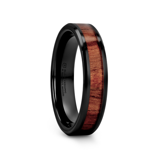 YUKON Beveled Black Ceramic Ring with Black Walnut Wood Inlay - 4mm - 7mm