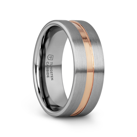 ZEUS Flat Brushed Finish Tungsten Carbide Ring with Rose Gold Plated Groove - 4mm - 10mm