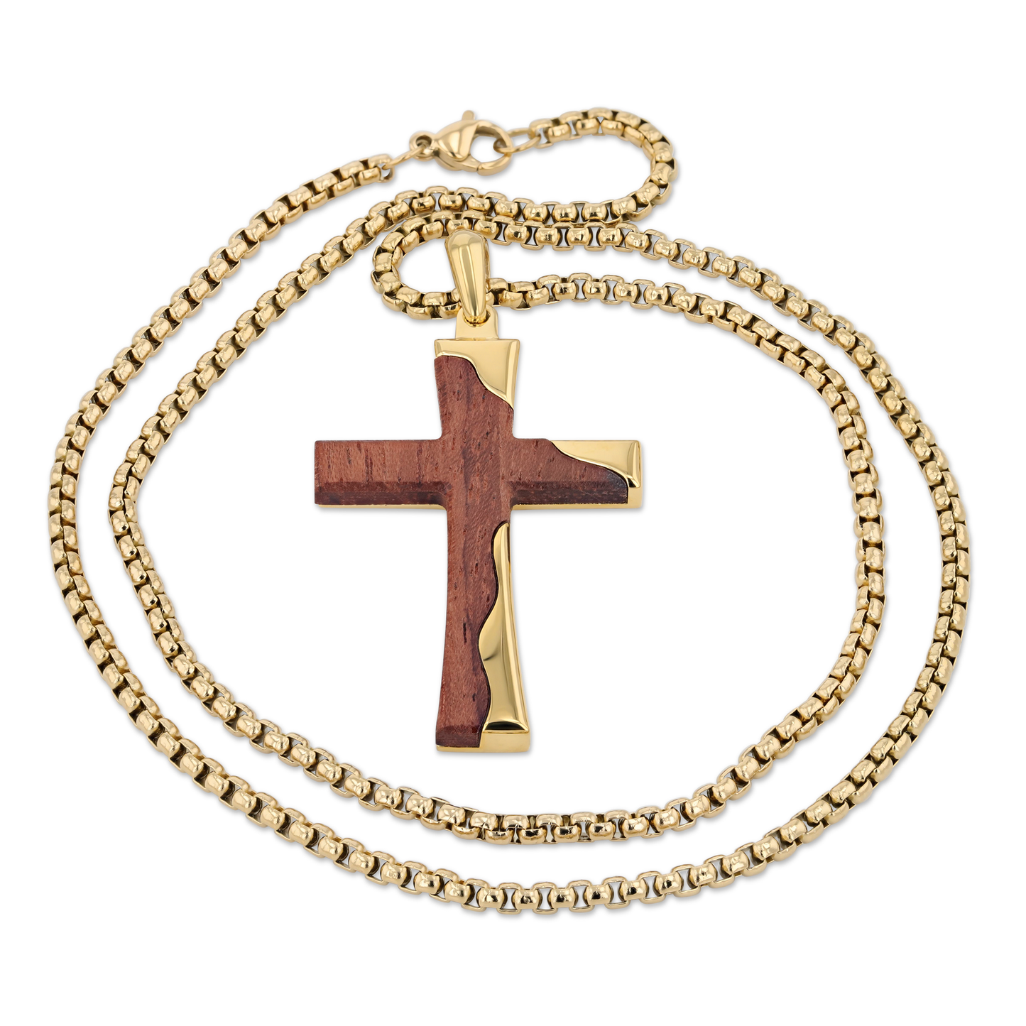 Gold Stainless Steel Cross Pendant With Bubinga Wood Inlay and 22in Matching Chain