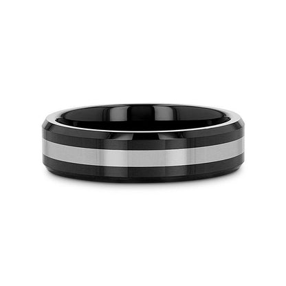 ASTADI Polished Black Beveled Ceramic Ring with Tungsten Inlay - 6mm (Limited Stock)