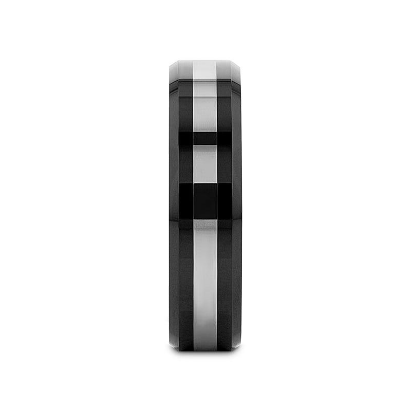 ASTADI Polished Black Beveled Ceramic Ring with Tungsten Inlay - 6mm (Limited Stock)