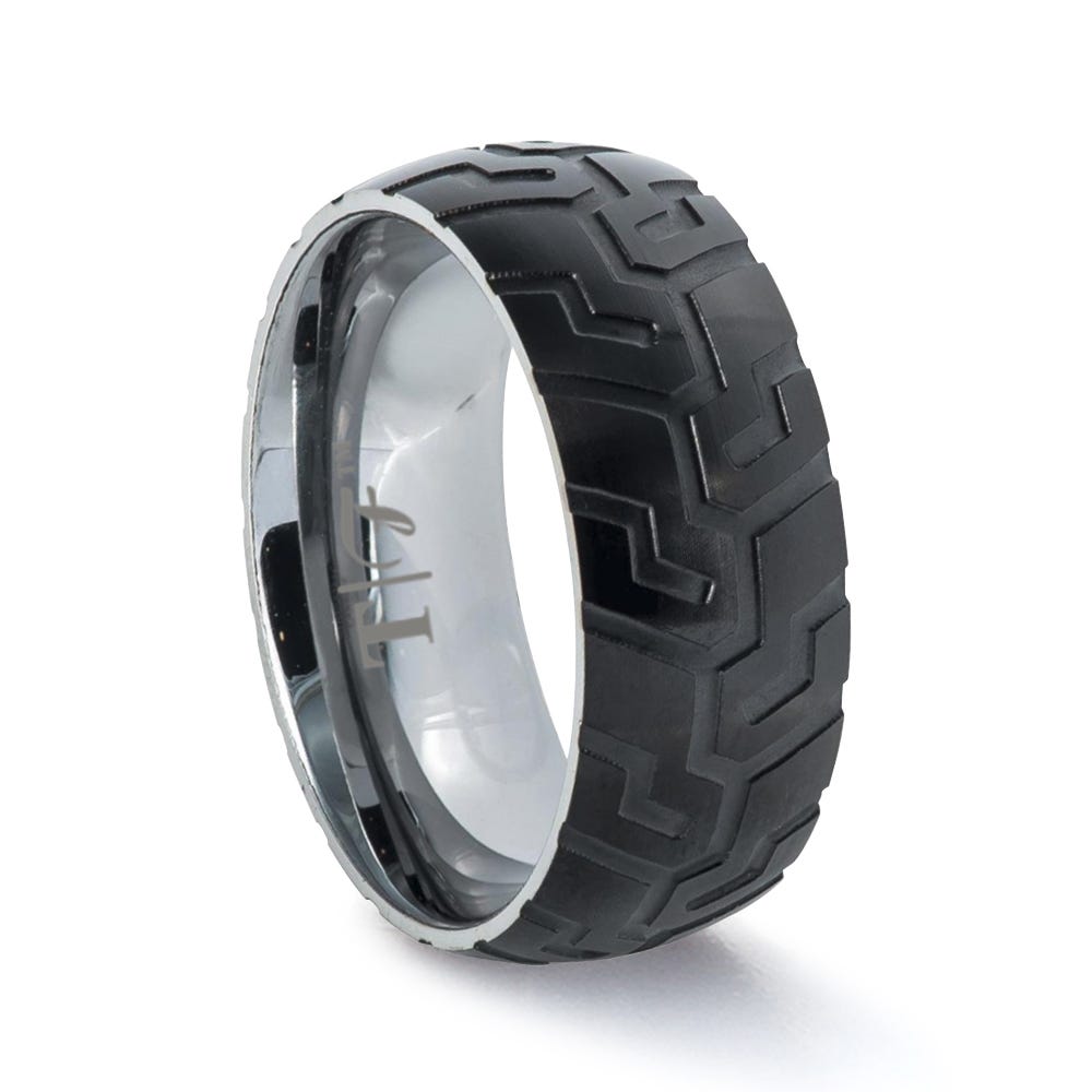 rubber tire tread ring Tungsten World Black Tungsten Laser Carved Tire Tread Ring