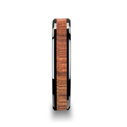 ACACIA Koa Wood Inlaid Black Ceramic Ring with Bevels - 4mm - 6mm