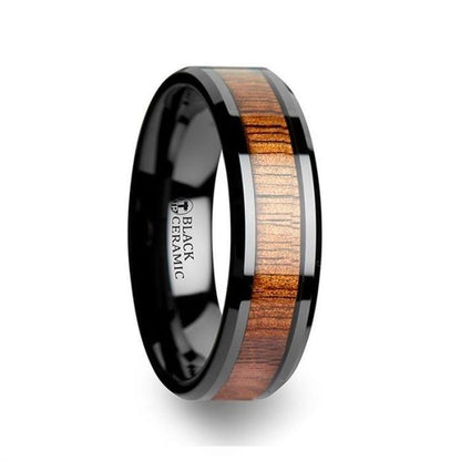 ACACIA Koa Wood Inlaid Black Ceramic Ring with Bevels - 4mm - 6mm